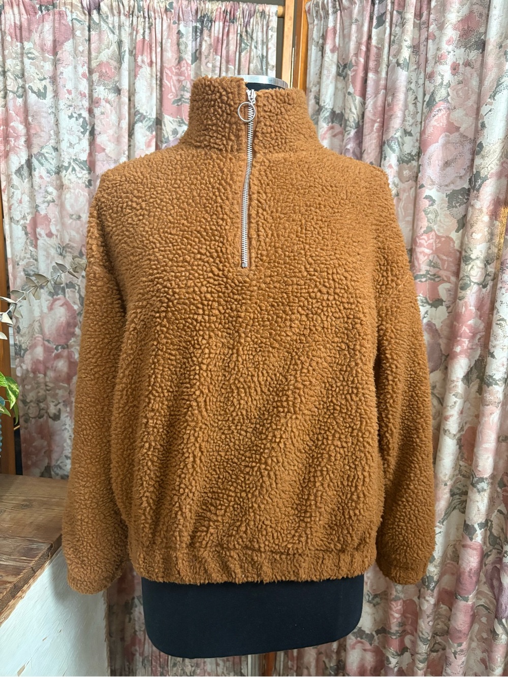 Women's Camel Teddy Zip-Up Pullover Sweater
